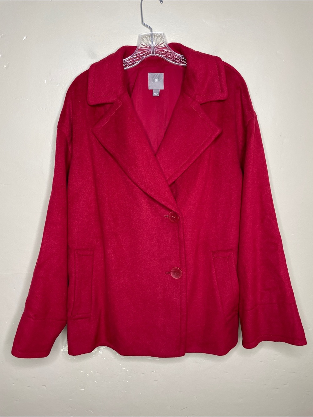 J JILL Red WOOL Blend Double Breasted Pea Coat Large